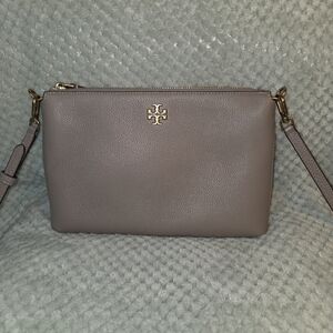 Tory Burch Kira Taupe Pebbled Leather Zip Crossbody Bag